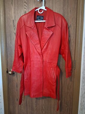 Tannery West Red Leather Longline Jacket with Belted Waist